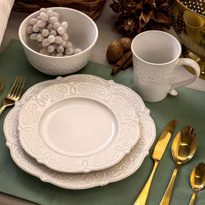 6-Piece Stoneware Dinnerware Set – Textured Plates Bowls &amp Mugs with Elegant High-Gloss Finish (White)