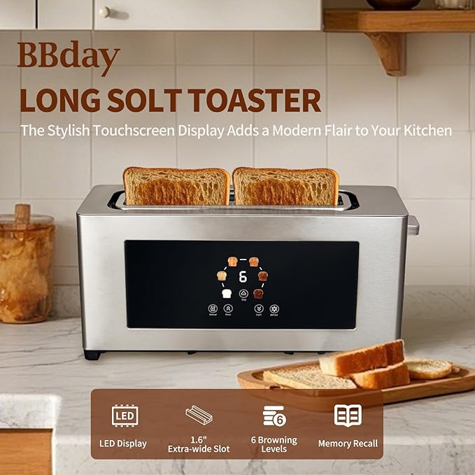 2 Slice Toaster with Touch Screen Slim Toaster For Long Slice 1.6 Wide Slot 6 Browning Levels 1000W Fast Heating Slim Stainless Steel Design for Bagels Baguettes Compact Kitchen &amp RV Use