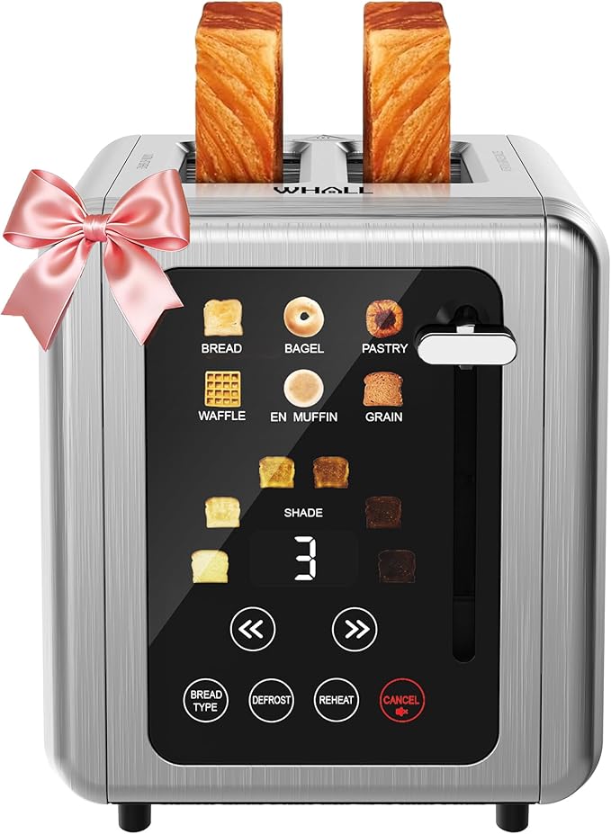 WHALL Touch Screen Toaster 2 Slice 1.5'' Extra Wide Slot Smart Toaster with Digital Timer 6 Bread Types &amp 6 Shade Settings Crumb Tray Reheat/Defrost Stainless Steel Bread Toasters Silver