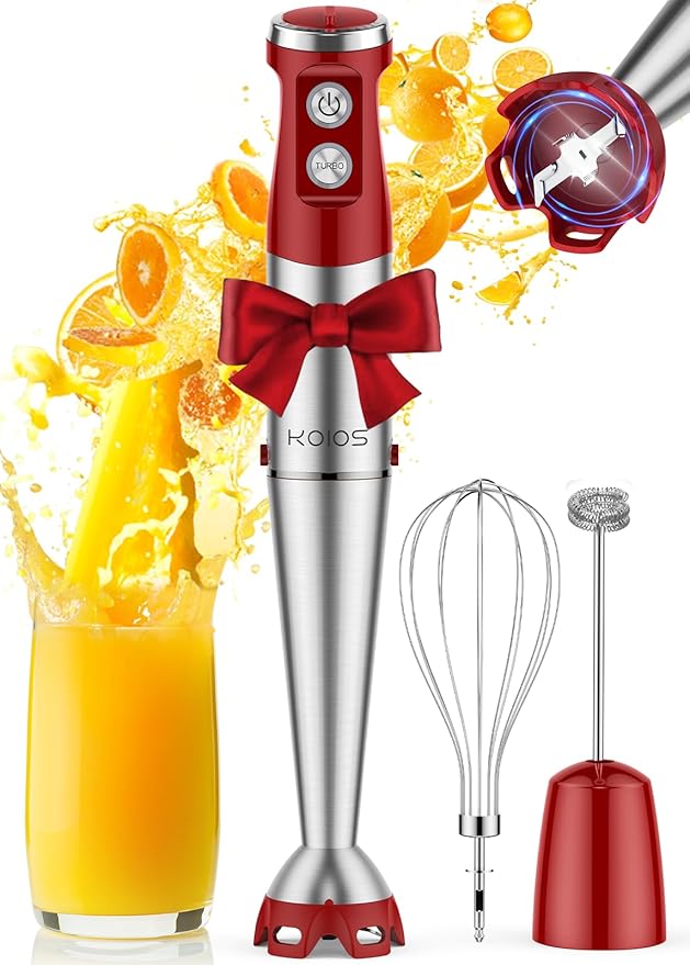 KOIOS Immersion Blender 1000W Anti-scratch 3-in-1 Hand Blender Upgraded 12 Speed Stainless Steel Blade Stick Blender with Turbo Mode Whisk and Milk Frother Non-BPA Red