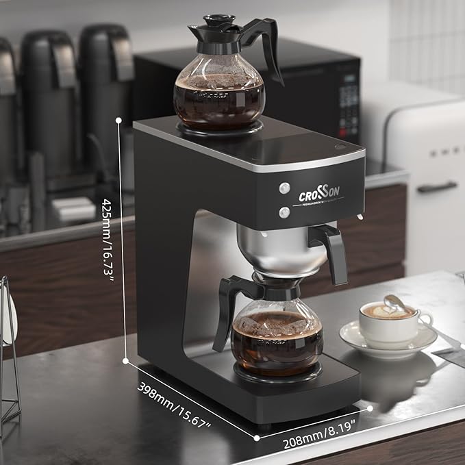 crosson 12 Cup Commercial Drip Coffee Brewer with Upper and Lower Warmer &amp 2 Glass DecanterPour Over Coffee Maker with Easy Clean Fingerprint Free Housing and 304 Stainless Steel Funnel