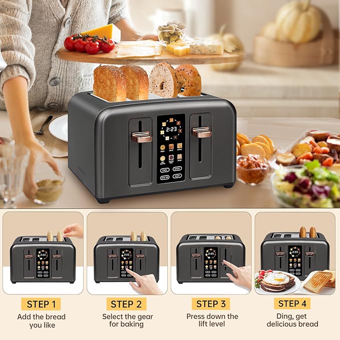 SEEDEEM Toaster 4 Slice Full Touch control Toaster LCD Display 6 Bread Type 7 Shade Settings 1.4''Wide SlotsMore Time Function Removable Crumb Tray 1800W Dark Metallic