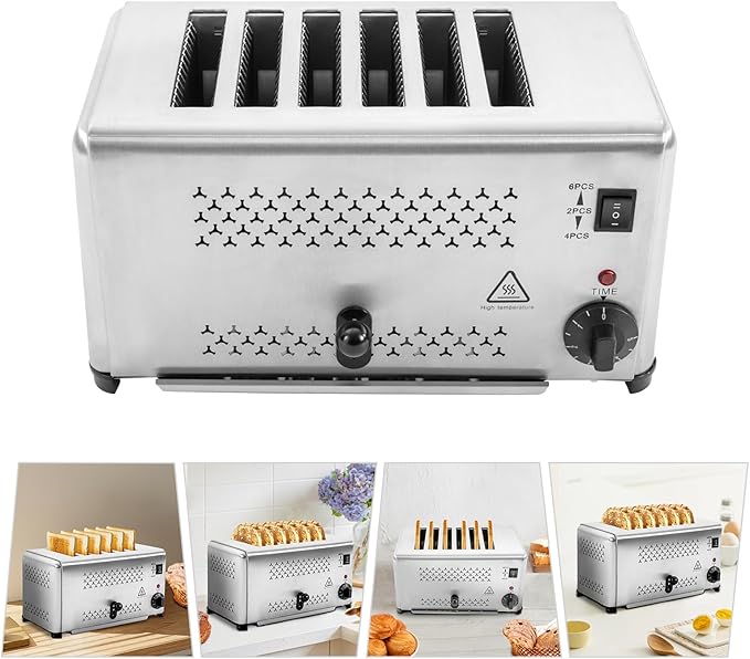 Commercial 6-Slice Toaster 1650W Stainless Steel Bread Baking Machine Electric Toaster Machine 3 Modes(2 4 6 Slices) 1-5mins Timing w/Pull-out Crumb Collection Tray for Home Bakery