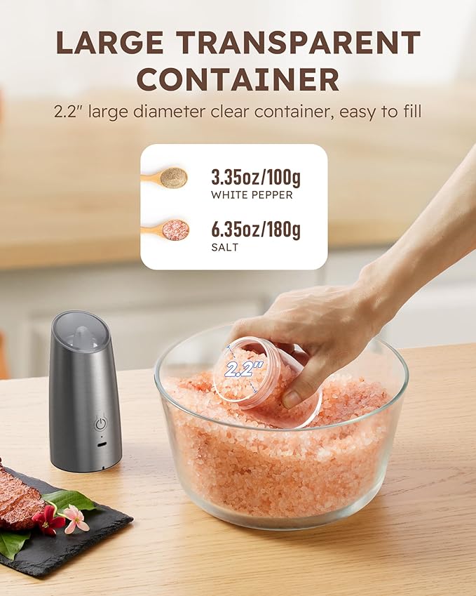 Bundled Sangcon Gravity Electric Salt and Pepper Grinder Set RECHARGEABLE Automatic Salt Pepper Shakers USB-C No Battery Needed