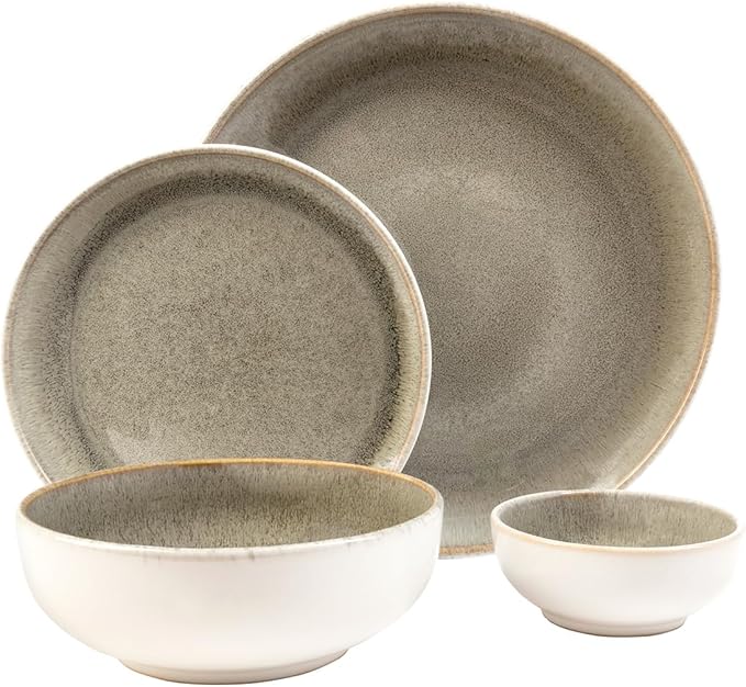 Sango Resona Moss 24-Piece Green Dinnerware Set – Service for 4 Plate Mug &amp Bowl Set Durable Stoneware with Reactive Glaze Finish for Everyday Dining &amp Entertainment Microwave &amp Dishw