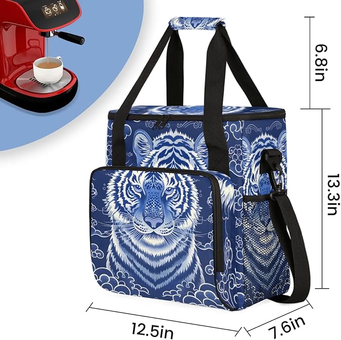 Tiger Print Coffee Maker Travel Bag for Keurig K-Mini/K-Mini Plus Insulated Waterproof Tote with Pockets for K-Cup Portable Single-Serve Brewer Case