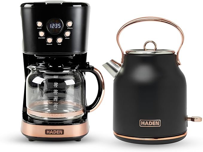 HADEN Heritage 1.7 Liter Stainless Steel Electric Kettle Bundled with 12 Cup Drip Coffee Maker Coffee Machine with Auto Shut-Off Black &amp Copper