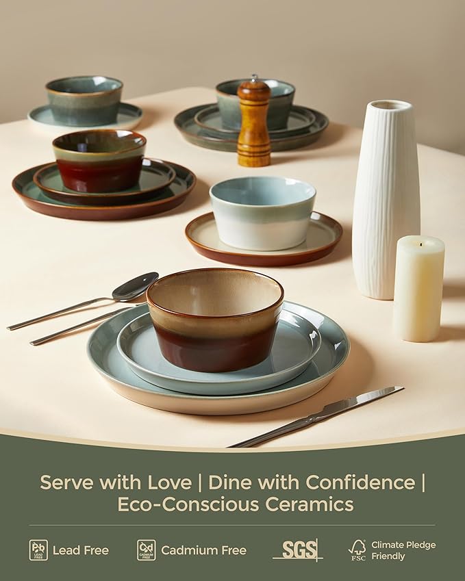 Dinnerware Sets Microwave Safe Plates and Bowls Sets Dishes Set for 4 Chip &amp Scratch Resistant Dinner Set Reactive Glazed Farmhouse Dishware Sets Green Wheat
