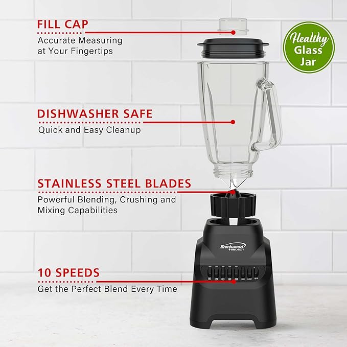 Brentwood Select JB-500BK 10-Speed Countertop Blender with Pulse Button 5.3-Cup Glass Jar Stainless Steel Blades Non-Slip Base Dishwasher-Safe Parts Black