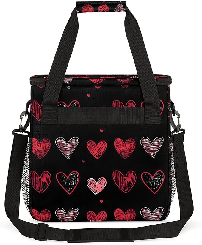 Valentine's Day Black Red Heart Coffee Maker Carring Bag Large Insulated Storage Organizer Case Tote Bags with Shoulder Strap for Travel Work Picnic
