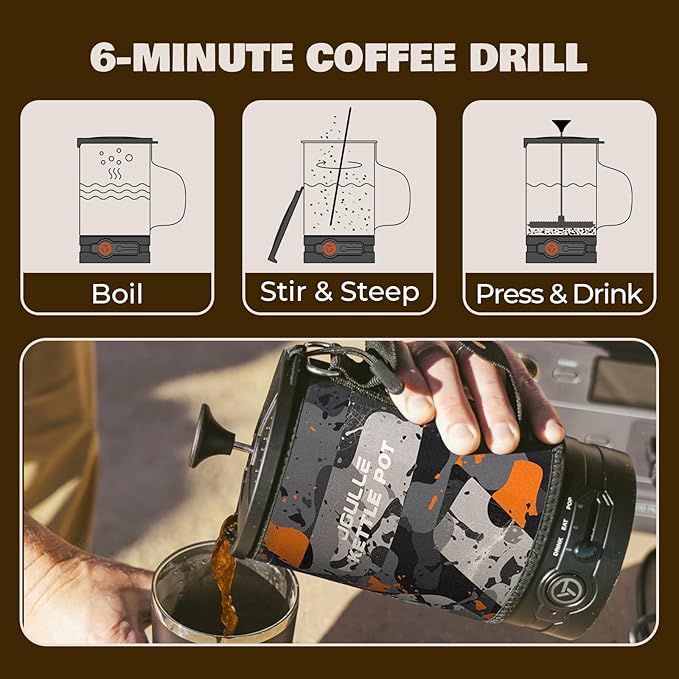 Electric French Press Coffee Maker 120V Boil Water &amp Press Coffee 2-in-1 Portable Design for Camping Travel 6 Minute Brew Ready