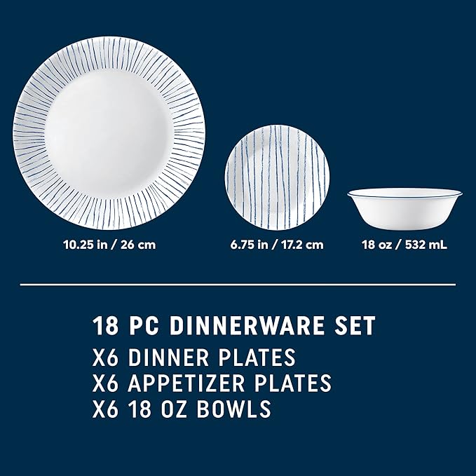Corelle 18-Piece Dinnerware Set Service for 6 Lightweight Round Plates and Bowls Set Vitrelle Triple Layer Glass Chip Resistant Microwave and Dishwasher Safe Nautical Stripes