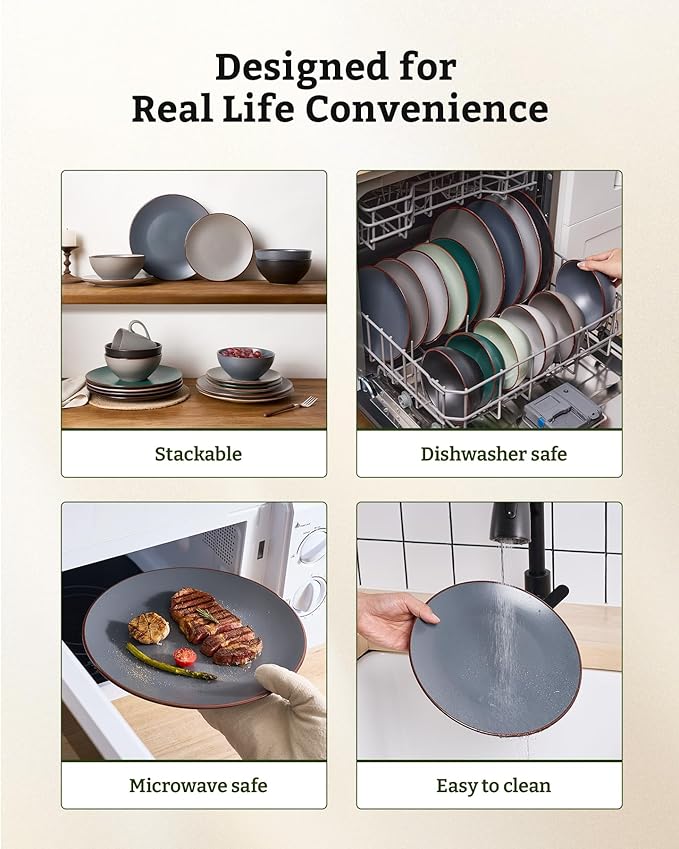 Famiware Venus Plates and Bowls Sets 18 Pieces Stoneware Speckled Dinnerware Dishes Set for 6 Matte Charcoal - Microwave &amp Dishwasher Safe Modern Minimalist for Everyday Meals &amp Formal Din