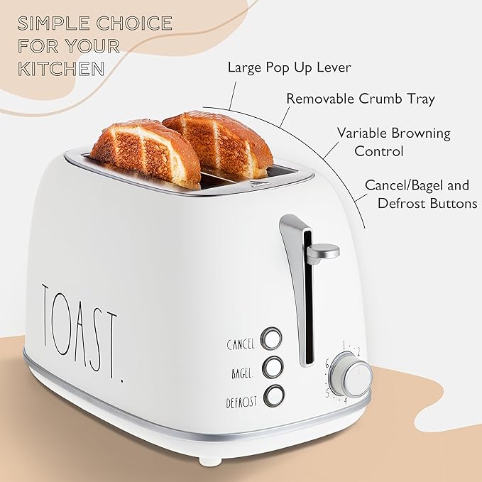 Rae Dunn Retro Rounded Bread Toaster 2 Slice Stainless Steel Toaster with Removable Crumb Tray Wide Slot with 6 Browning Levels Bagel Defrost and Cancel Options White