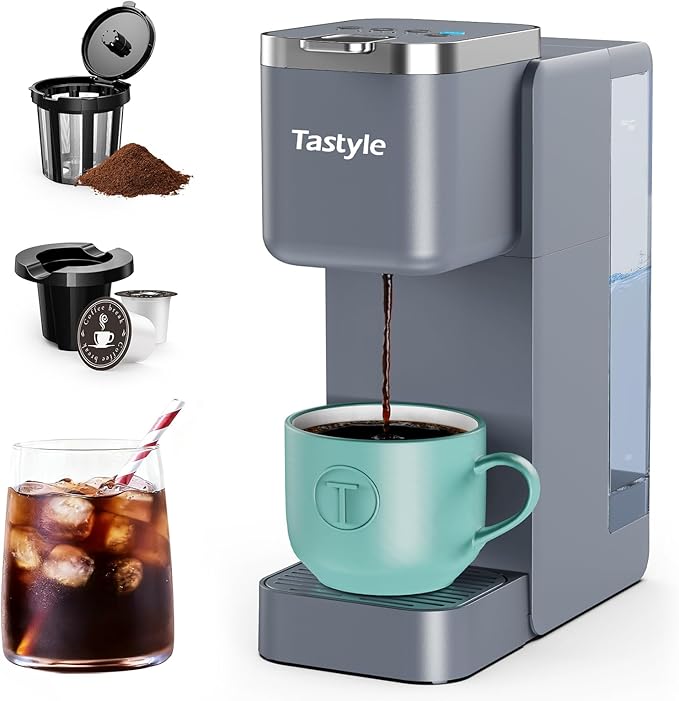 Single Serve Coffee Maker Iced and Hot Coffee Machine for K Cup &amp Grounds Compact Design 40oz Removable Water Reservoir 6 to 24 Oz Brew Sizes Fits 7.3 Travel Mug Gray