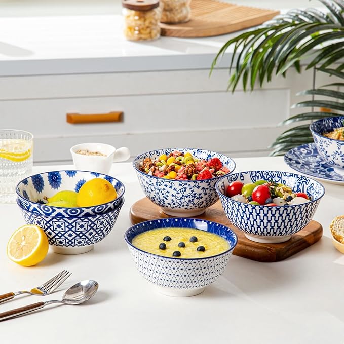 24 Pieces Ceramic Dinnerware - 12 Oz Dessert Bowls and 8.5 Inch Salad Plates and 24 Oz Cereal Bowls and 16 Oz Coffee Mugs Sets - Service for 6 - Vintage Blue