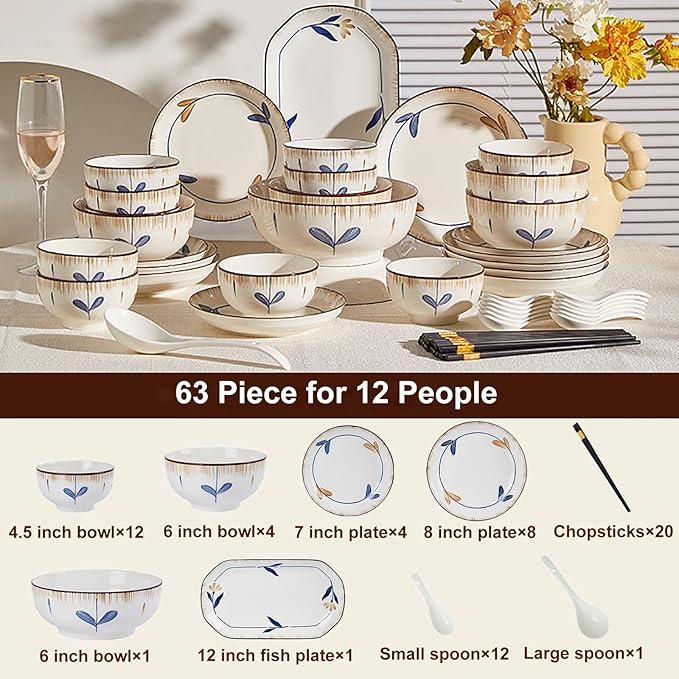 63 Pieces Dish Plates and Bowls Sets Literary Retro Style Dinner Set Thick and Anti-Scald Dish Sets Easy to Clean Dinnerware Sets Easy to Heat Microwave and Oven Safe Service for 12 People