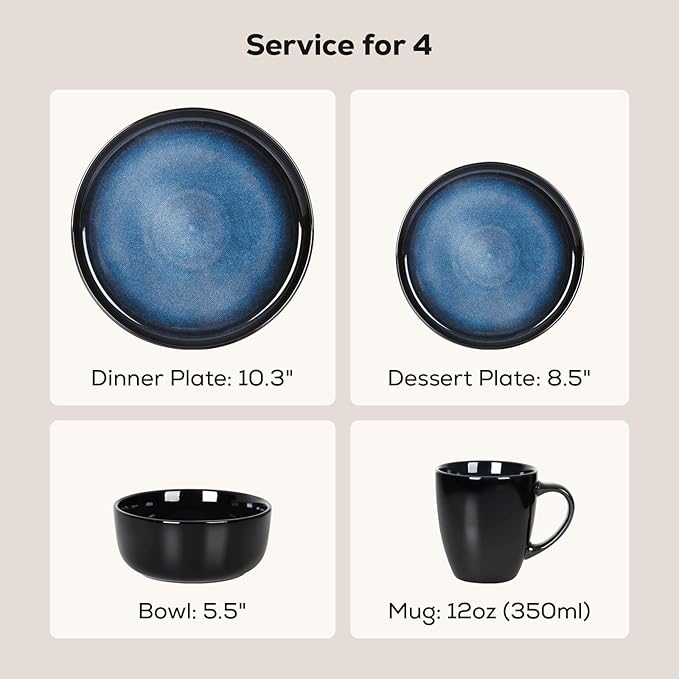 Romswi Dinnerware Set for 4 16 pcs Stoneware Plates and Bowls Sets with Mugs Chip &amp Scratch Resistant Dish Set Handmade Reactive Glaze OvenMicrowave and Dishwasher Safe Dreamy Moonlight-Blue