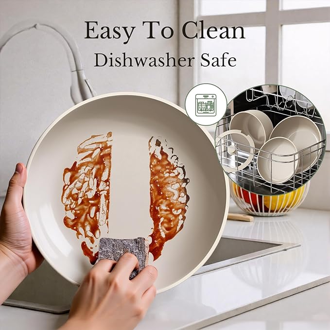 Pots and Pans Set Non Stick Ceramic Cookware Set Detachable Handle RV Camping Kitchen Cooking Set Removable Handles Dishwasher/Oven/Fridge Safe Induction Space SavingCream White