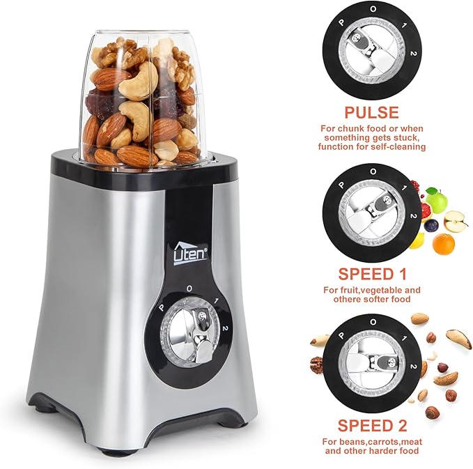 Uten 5-in-1 Smoothie Blender 42 oz/1.25L Multi-Functional Mixer Smoothie Maker Juicer Grinder with 304 Stainless Steel Blades BPA-Free Dishwasher Safe Includes 3 Blender Cups &amp 2 Travel Bot