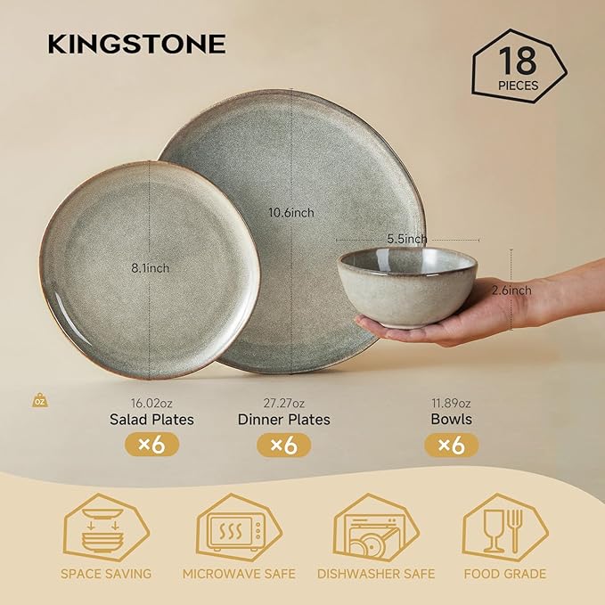 KINGSTONE Stoneware Dinnerware Sets 18-Piece Reactive Glaze Porcelain Plates and Bowls Sets for 6 Handcrafted Rustic Ceramic Dishes Set Highly Scratch Resistant Dishwasher &amp Microwave Safe Gr