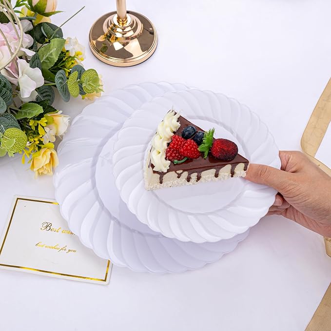 U-QE 100 Pieces White Plastic Plates - Premium White Disposable Plates for Wedding and Party Use Including 50PCS 9 '' Dinner Plate &amp 50PCS 6.5 '' Dessert Plate