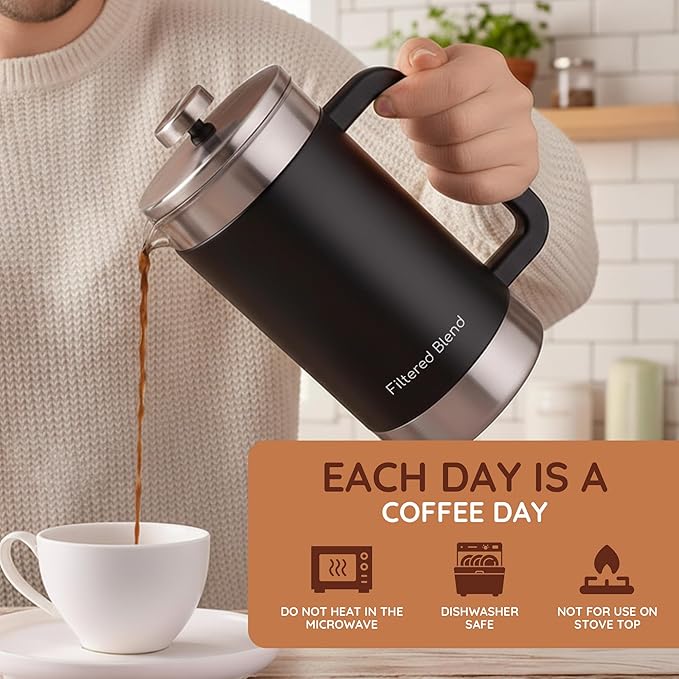 1.6L French Press Coffee Maker 54oz Large Capacity French Press Stainless Steel Brewer with Double Filter Mesh for Kitchen Travel Camping Hot &amp Cold Brew Coffee Maker Gifts (Black)