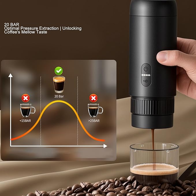 Fockety Portable Espresso Maker 20 Bar USB Rechargeable Self Heating Electric Espresso Machine Travel Coffee Maker for Camping Outdoorlife Business Trip