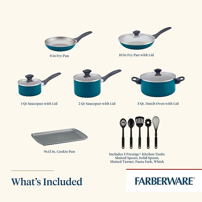Farberware 20361 Dishwasher Safe Nonstick Cookware Set / Pots and Pans Set - 15 Piece Blue