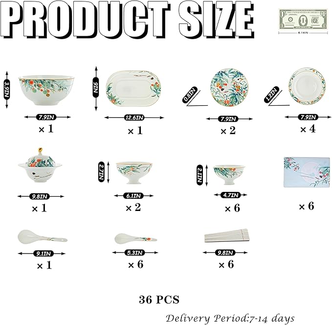 Fine Bone China Dinnerware Set Porcelain &amp Ceramic Dinnerware Sets Bone Stoneware &amp Ceramic Cookware Tableware Set Includes Dinner Plates|Spoons|Pasta Bowls (36PCS * 6-Person Set)