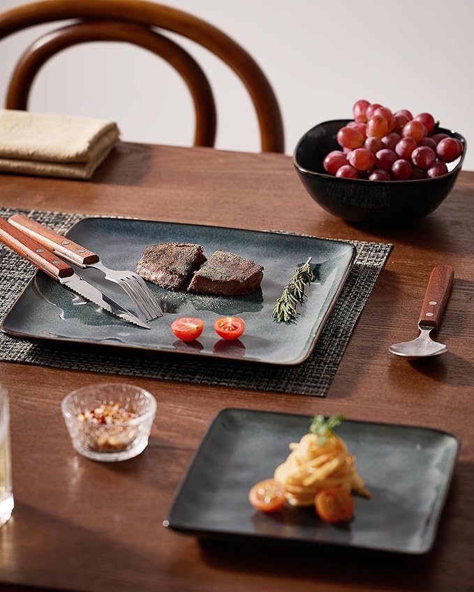 Famiware Ocean Square Plates and Bowls Set 18 Pieces Dinnerware Sets Dishes Set for 6 Microwave and Dishwasher Safe Scratch Resistant Deep Forest