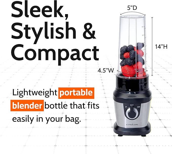 Epsilon Portable blender for Shakes and Smoothies – 400W Personal Blender with 24oz Portable Bottle Electric Personal Blender Bottle with 4-Blade Assembly Travel-Friendly and BPA-Free