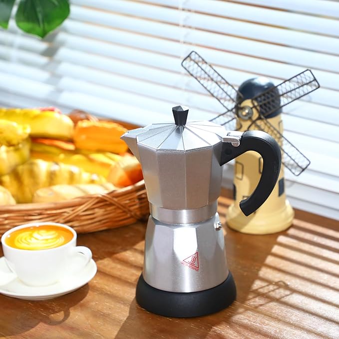 Coffee Pot 6 Cup Electric Espresso Coffee Maker Italian Moka Maker 300ml Portable Aluminum Espresso Machine Cafetera Moka Pot with Detachable Base Gift for Home Travel (Silver)