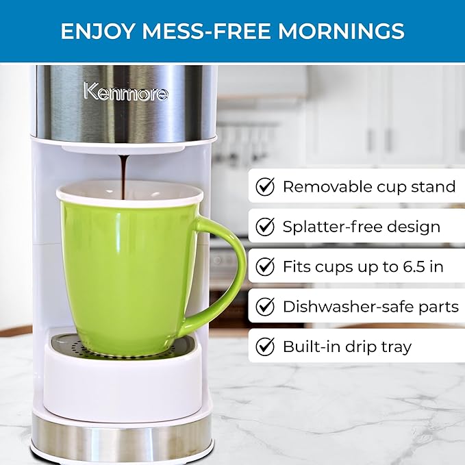 Kenmore Single Serve Coffee Maker – 6–14 Oz Brew Sizes Compatible with Keurig K‑Cup Pods &amp Ground Coffee One Cup Brewer Travel Mug Friendly Auto Shut‑Off Hot &amp Iced maquina de cafe White
