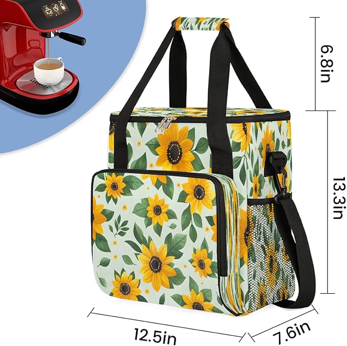 Lovely Sunflower Print Coffee Maker Carrying Bag Compatible with K-Mini or K-Mini Plus Portable Single Cup Coffee Maker Case with Pockets for K Cup Pods