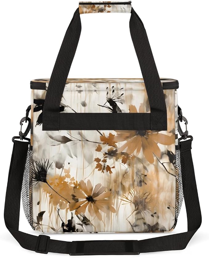 Retro Brown Flowers Coffee Maker Carrying Bag Portable Travel Storage Tote Bag Compatible with K-Mini or K-Mini Plus Single Serve Coffee Brewer Carrying Case with Multiple Pockets &amp Shoulder Str
