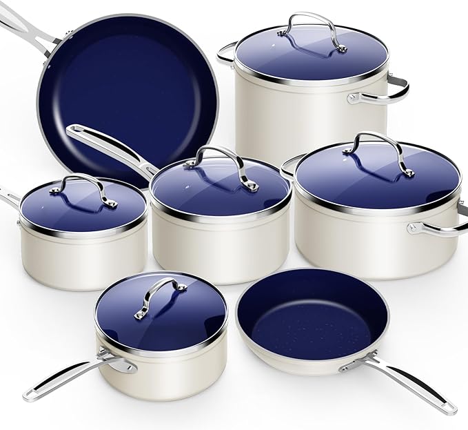 Nuwave 12pc Forged Lightweight Cookware Set G10 Healthy Duralon Ceramic Ultra Non-Stick Coating Vented Tempered Glass Lids Stay-Cool Handles Induction-Ready &amp Works on All Cooktops PFAS Free