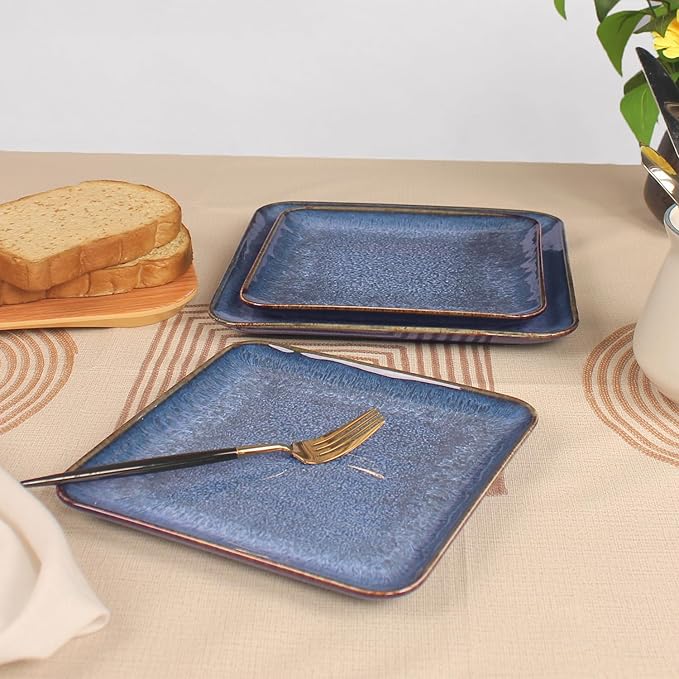 4-piece ceramic dinner plate set suitable for steak pasta and pizza microwave- and dishwasher-safe scratch-resistant blue 9-inch square dinner plate