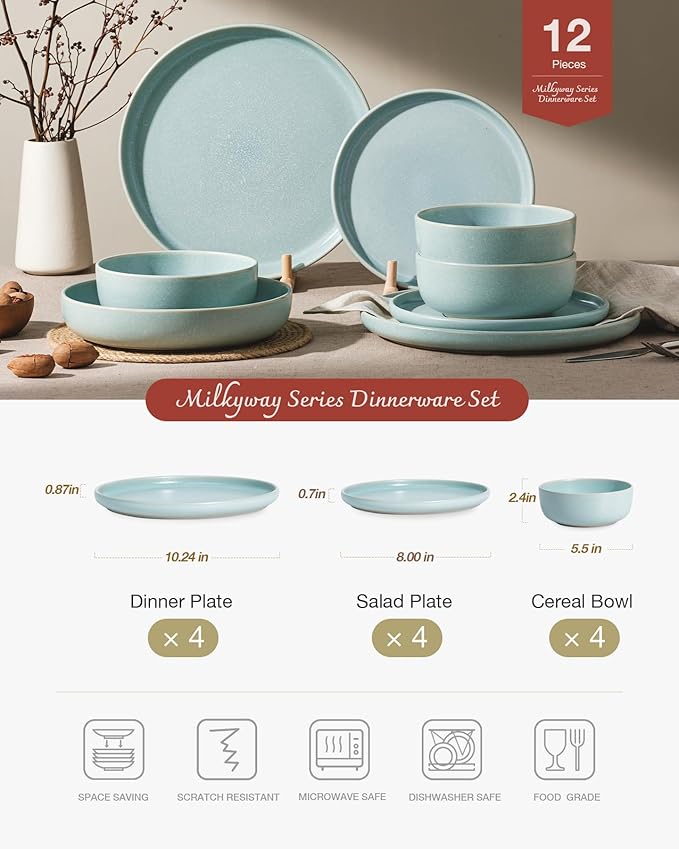 Famiware Milkyway Plates and Bowls Sets 12 Pieces Dinnerware Sets Reactive Glaze Dish Set Stoneware Dishes Set for 4 Light Blue