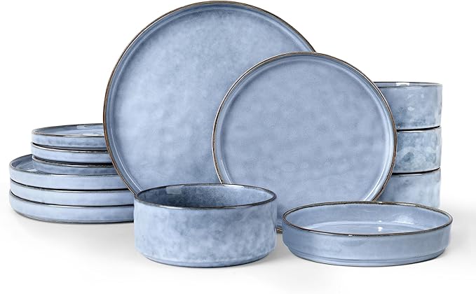 LIANYU 16-Piece Dinnerware Set Stoneware Dishes Ceramic Plates and Bowls Microwave &amp Dishwasher Safe Serenity Blue