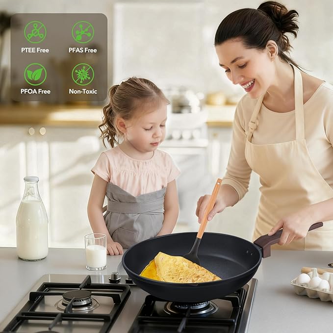 9Pcs Pots and Pans Set NonstickInduction Cookware Set Kitchen Cooking SetsHealthy Non-Toxic Pots and Pan setNon Stick with Grill Pan&amp Stay-Cool Handles (PFOS PFOA Free)Black