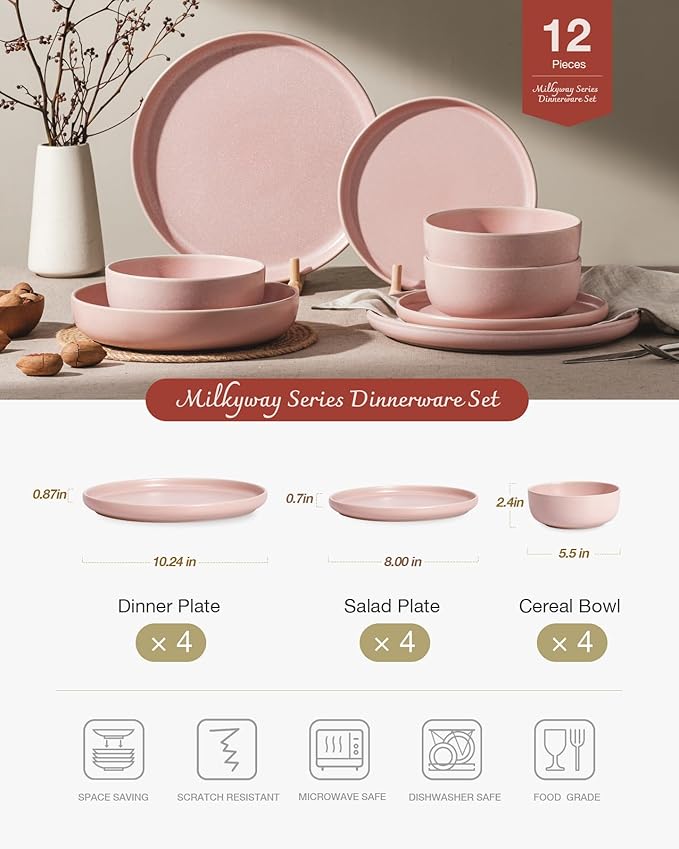 Famiware Milkyway Plates and Bowls Sets 12 Pieces Dinnerware Sets Reactive Glaze Dish Set Stoneware Dishes Set for 4 Light Pink