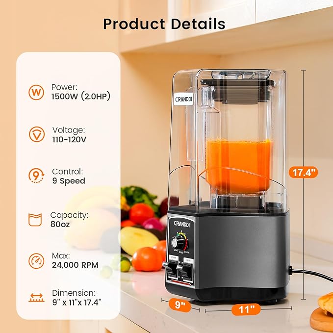 CRANDDI Commercial Blender for Crushing Ice Chopping Grinding Blending 1500W 80oz Blender with Tamper and Removable Soundproof Cover K85 (Grey)