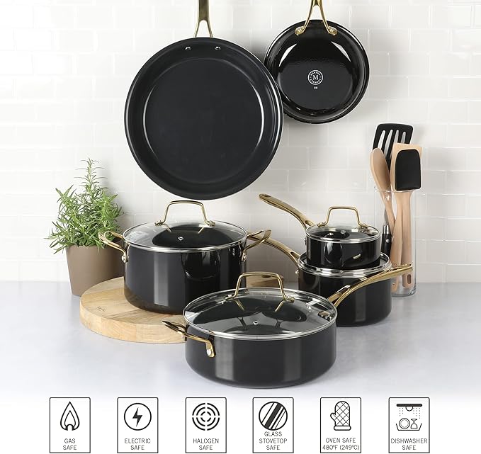 Martha Stewart Lockton 14 Piece Premium Non-Stick Heavy-Gauge Aluminum Cookware Combo Set (Pots Pans and Tools) - Black w/Gold Handles