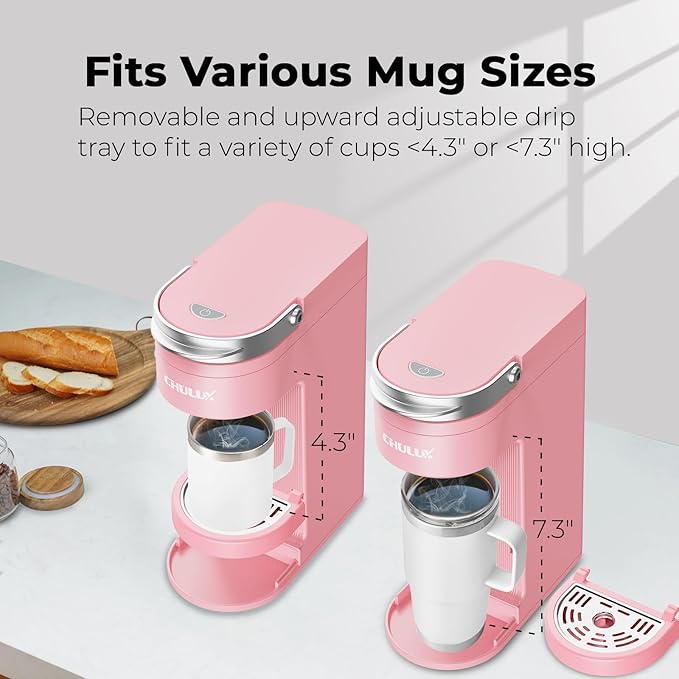 CHULUX Slim Single Serve Coffee Maker for K Pods One Cup Coffee Maker Fits 7.3 Travel Mugs Coffee Machine with 6 to 12oz Brew Sizes Salmon Pink