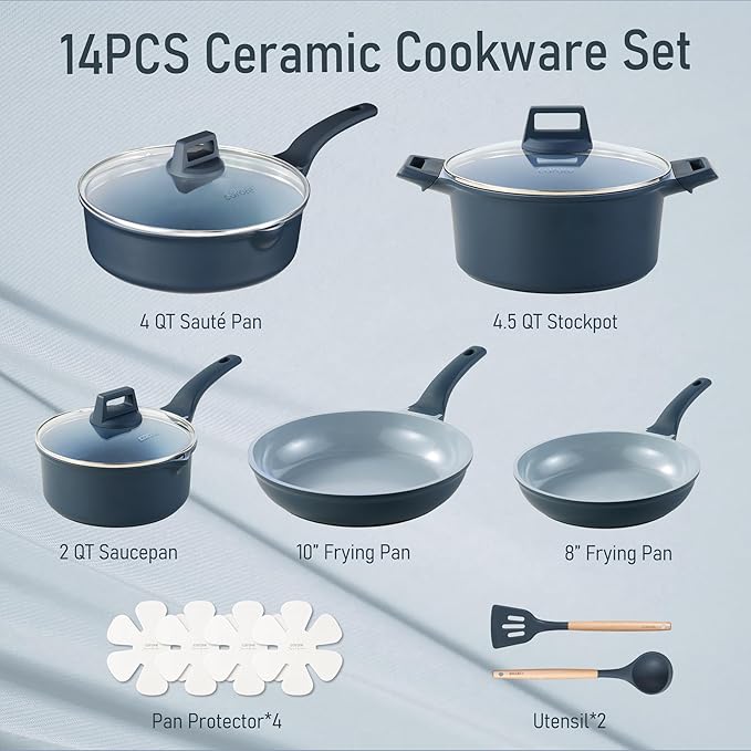 CAROTE 14 Pcs Ceramic Cookware Set Pots and Pans Set Non Stick with Ceramic Coating Induction Kitchen Sets