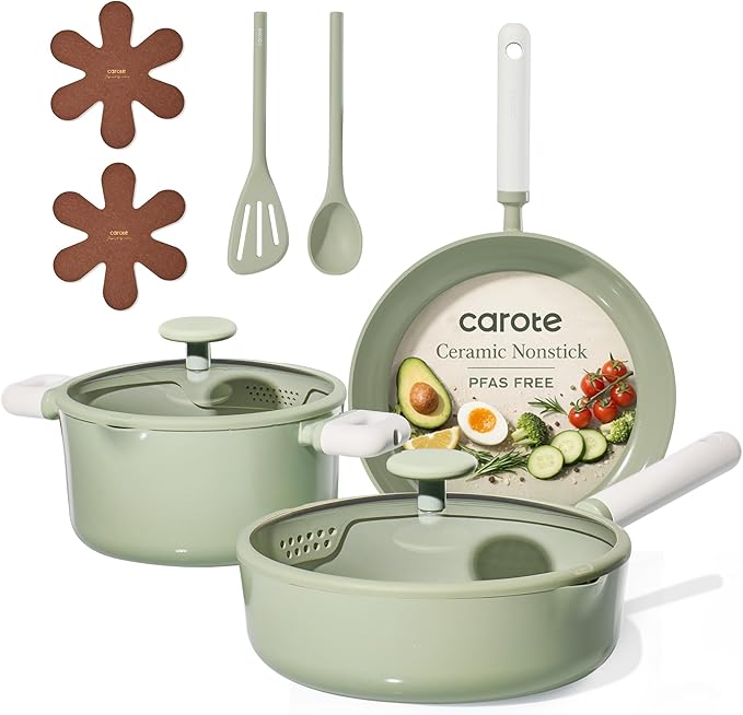 CAROTE Pots and Pans Set Nonstick Ceramic Cookware Set Green Cooking Set Kitchen Induction Set with Steamer PFAS PTFE Free9 Piece