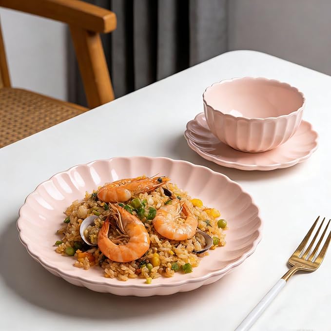wocaxc16-Pieces Stoneware Dinnerware Set Kitchen Dinnerware Ceramic Crockery Set Dinner Service Set for 4 Include Dinner Plate Dessert Plate Cereal Bowl and Mug. (pink)