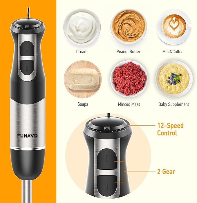 Hand Blender 800W 5-in-1 Immersion Hand Blender 12-Speed Multi-function Stick Blender with 500ml Chopping Bowl Whisk 600ml Mixing Beaker Milk Frother Attachments BPA-Free