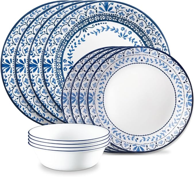 Corelle Vitrelle Glass Dinnerware Set Chip &amp Crack Resistant Triple Layer Glass 12-PC Dinnerware Set Portofino